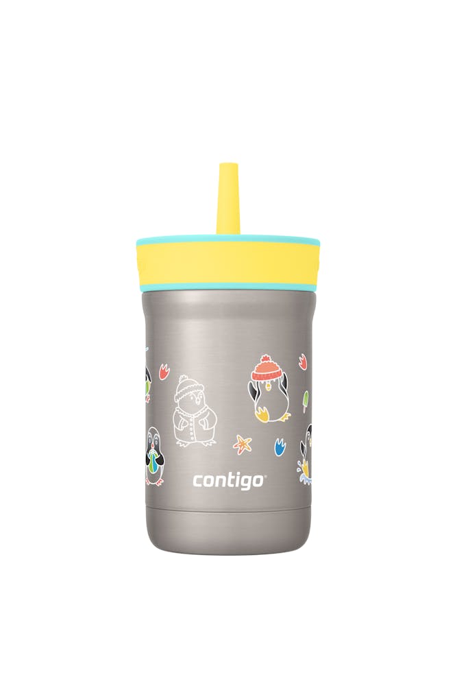 Contigo® Kids Leighton Spill-Proof Stainless Steel Tumbler with Straw, 12oz. U6 Jade Vine Penguin Plunge